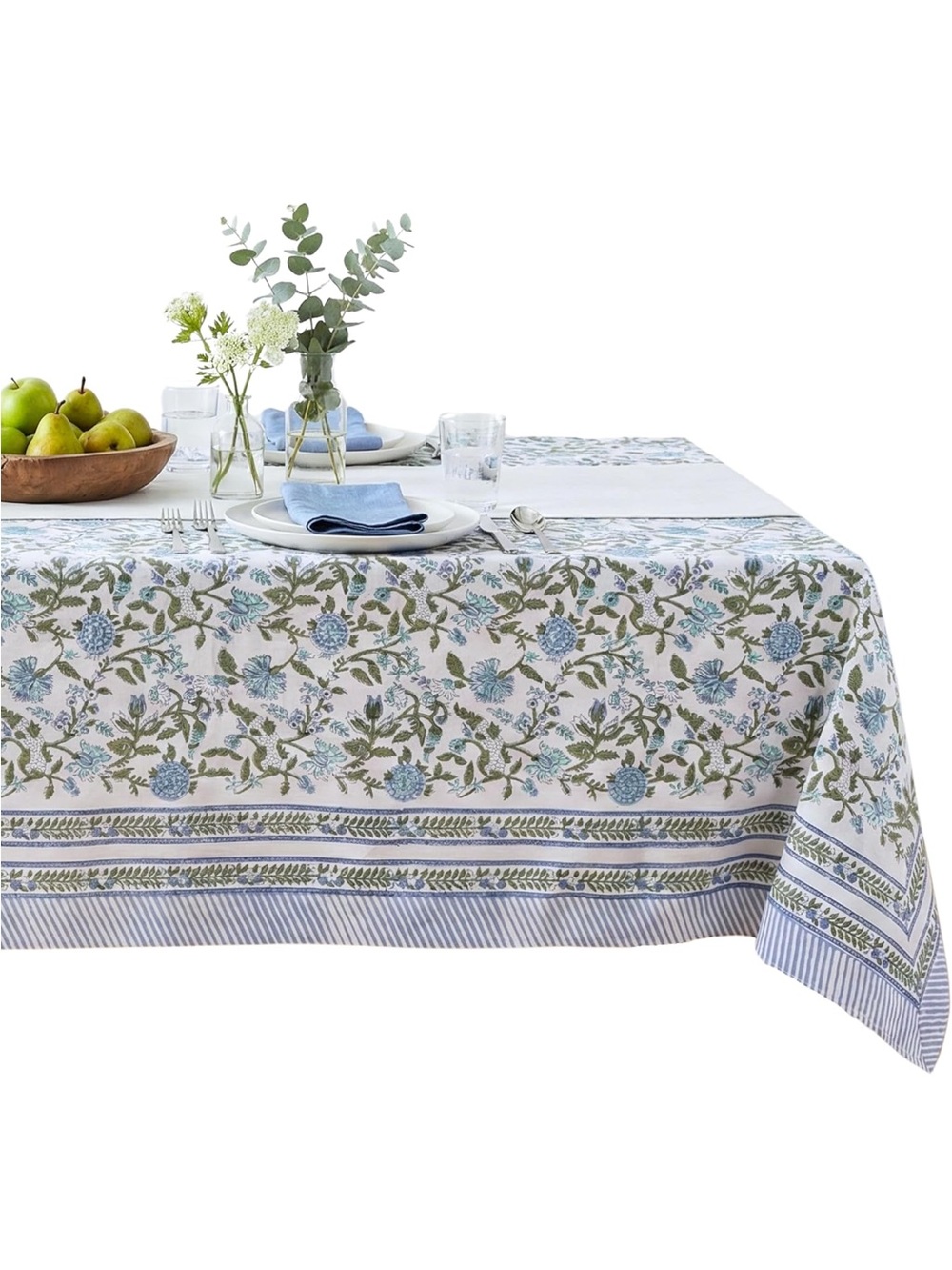 NWOT ATOSII 100% Cotton Blockprint Rectangle Table Cloth, Mahoka Blue, 90" X 60"